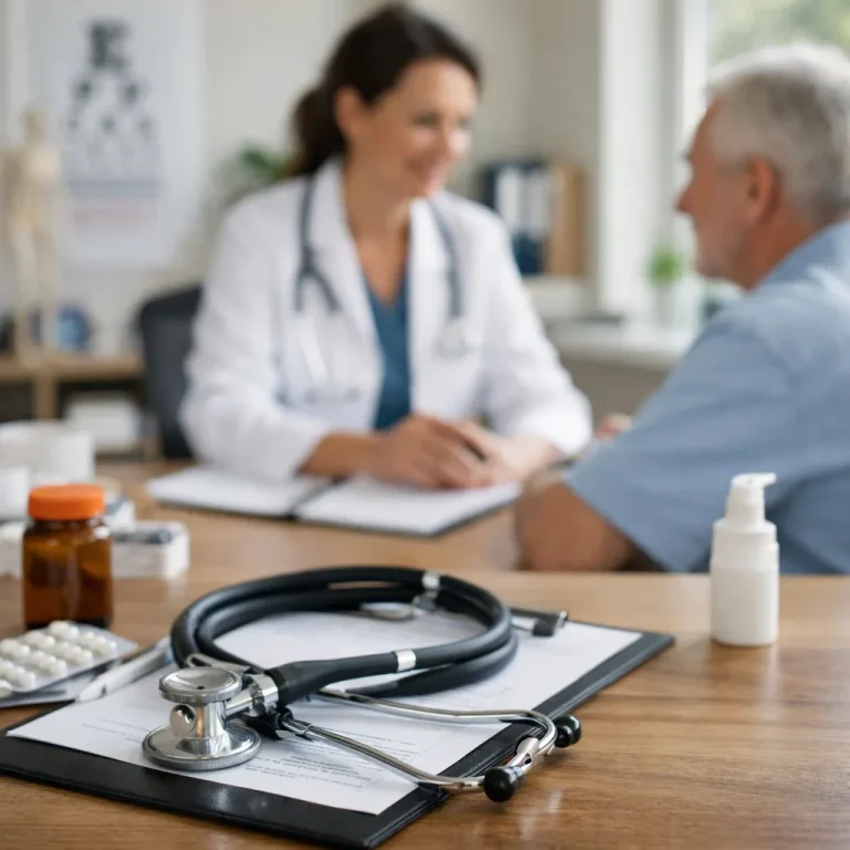 Een rustige foto van een huisartspraktijk met arts en patiënt in gesprek.