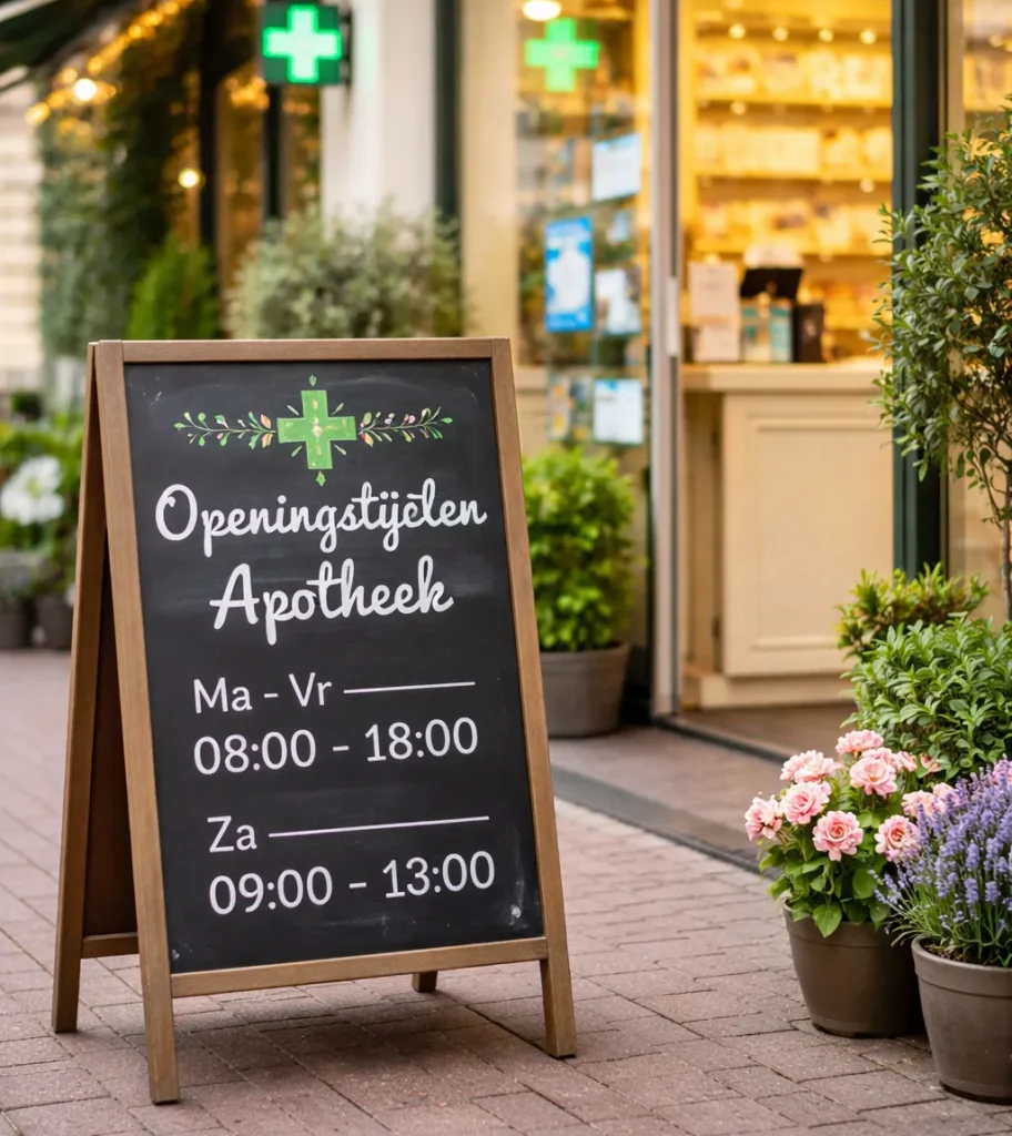 Rustige buitenkant van een apotheek in daglicht.