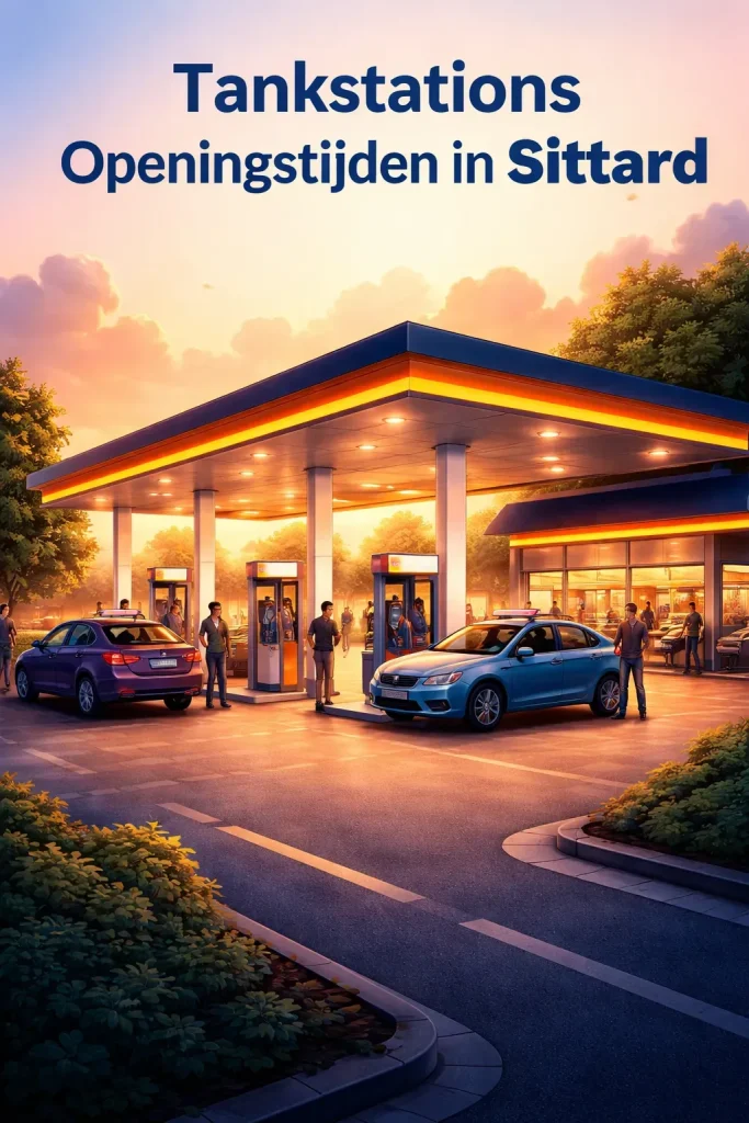 Een modern tankstation in Sittard tijdens zonsondergang.