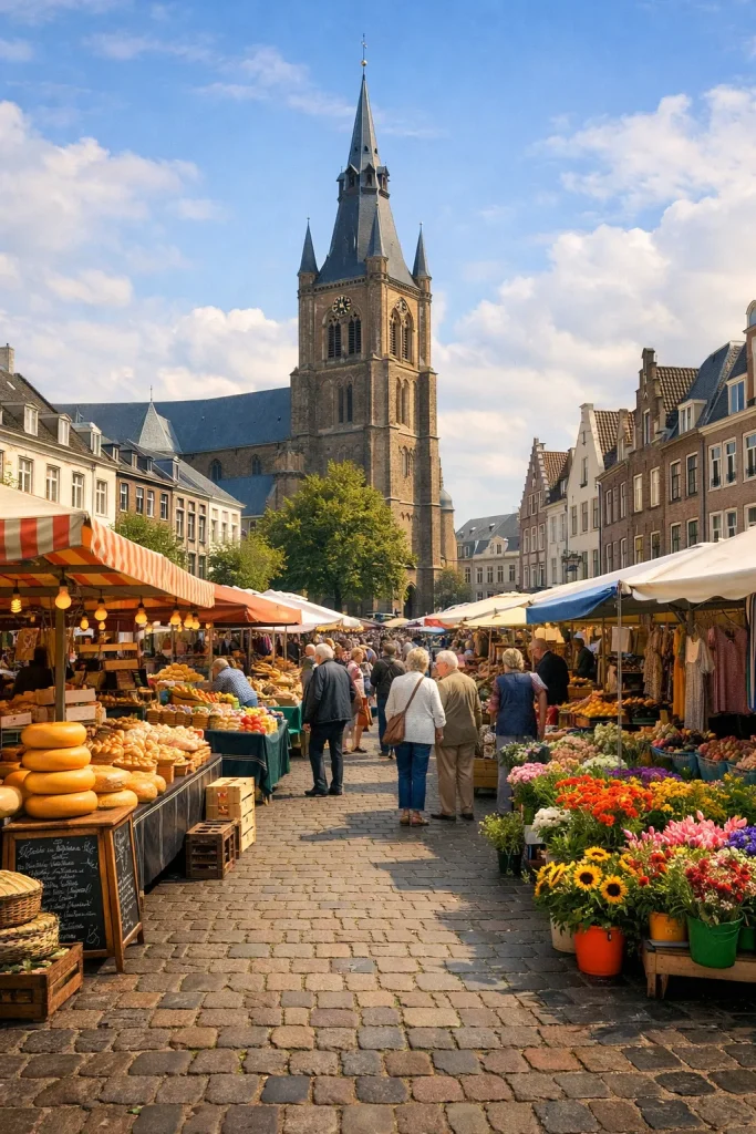 Gezellige marktsfeer in het centrum van Sittard met kleurrijke kraampjes en historische gebouwen.