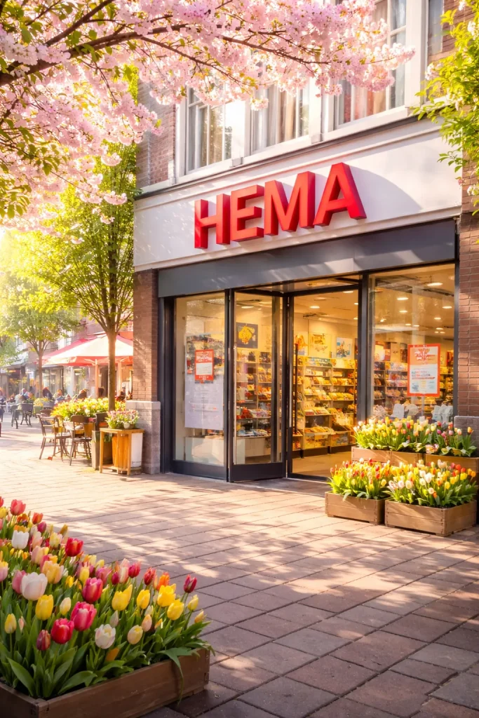 Een sfeervolle winkelgevel van HEMA in Sittard op een zonnige dag.
