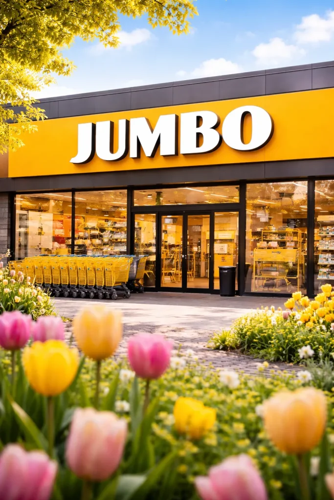 Moderne supermarktgevel op een zonnige dag, met een frisse en uitnodigende uitstraling.