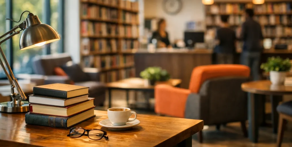 Een warme en rustige bibliotheek met boeken, zacht licht en een uitnodigende leeshoek.
