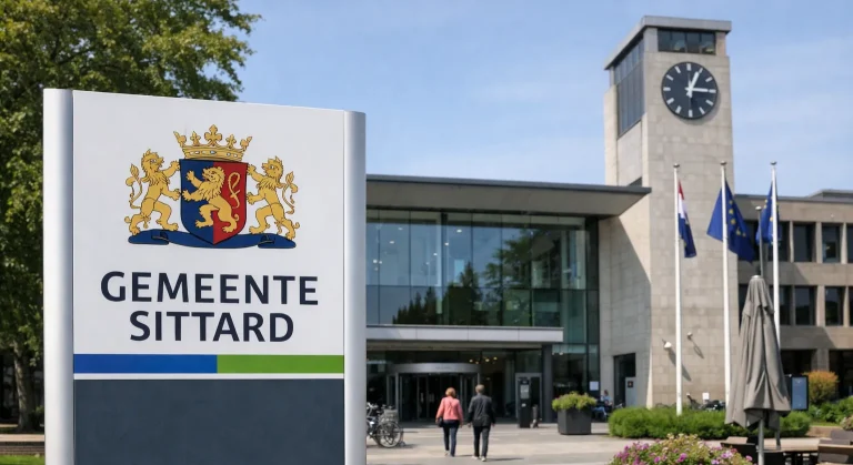 Een realistische foto van het gemeentehuis in Sittard op een heldere dag.