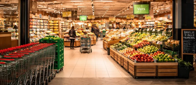 Realistische foto van een moderne supermarkt in Sittard met verse producten en een heldere, uitnodigende sfeer.