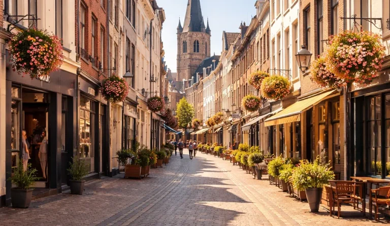 Realistische foto van een gezellige winkelstraat in Sittard met historische gevels en een levendige sfeer.