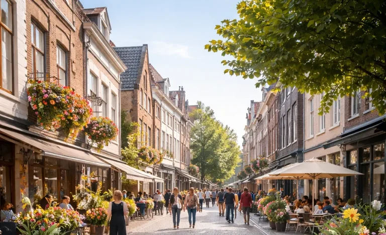 Realistische foto van een gezellige winkelstraat in het centrum van Sittard.