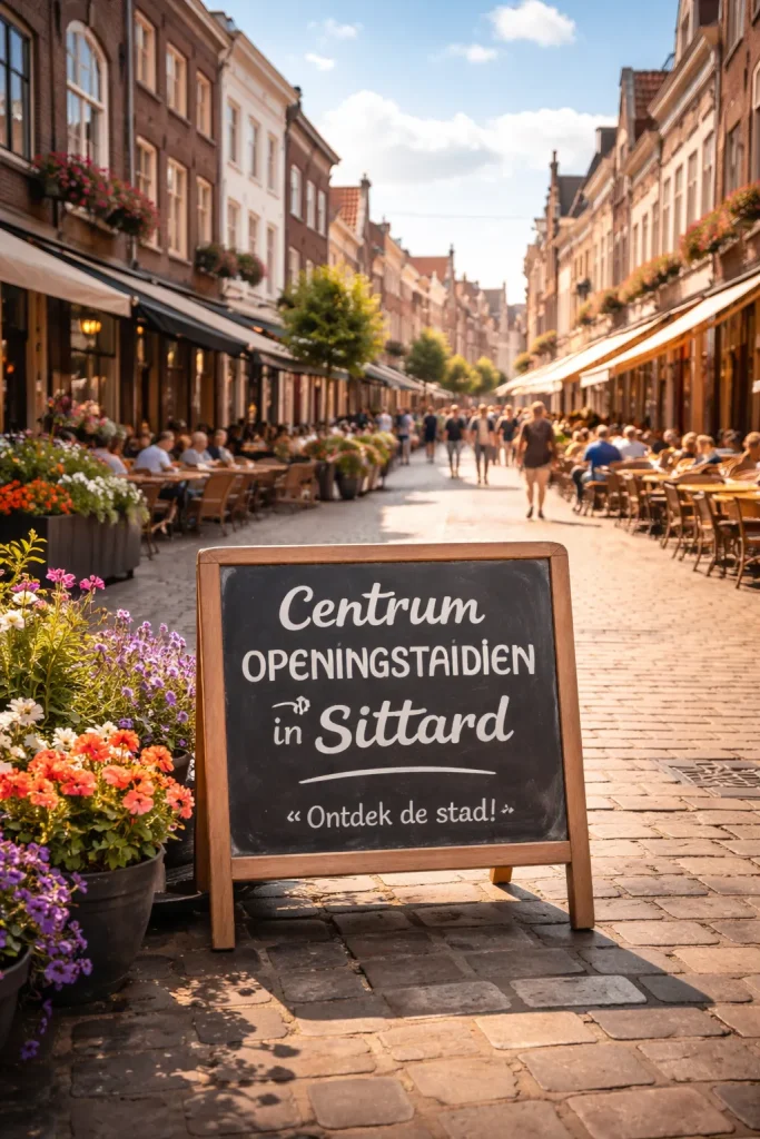 Realistische straatfoto van het centrum in Sittard, met historische gebouwen en een levendige sfeer.