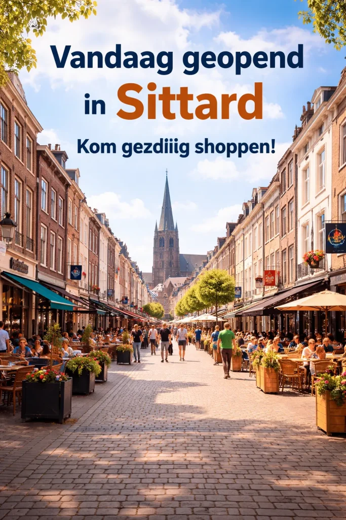 Een realistische sfeerfoto van het centrum van Sittard met een levendige winkelstraat en gezellige dagdrukte.