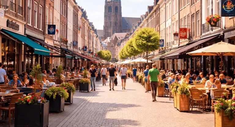Een realistische sfeerfoto van het centrum van Sittard met een levendige winkelstraat en gezellige dagdrukte.