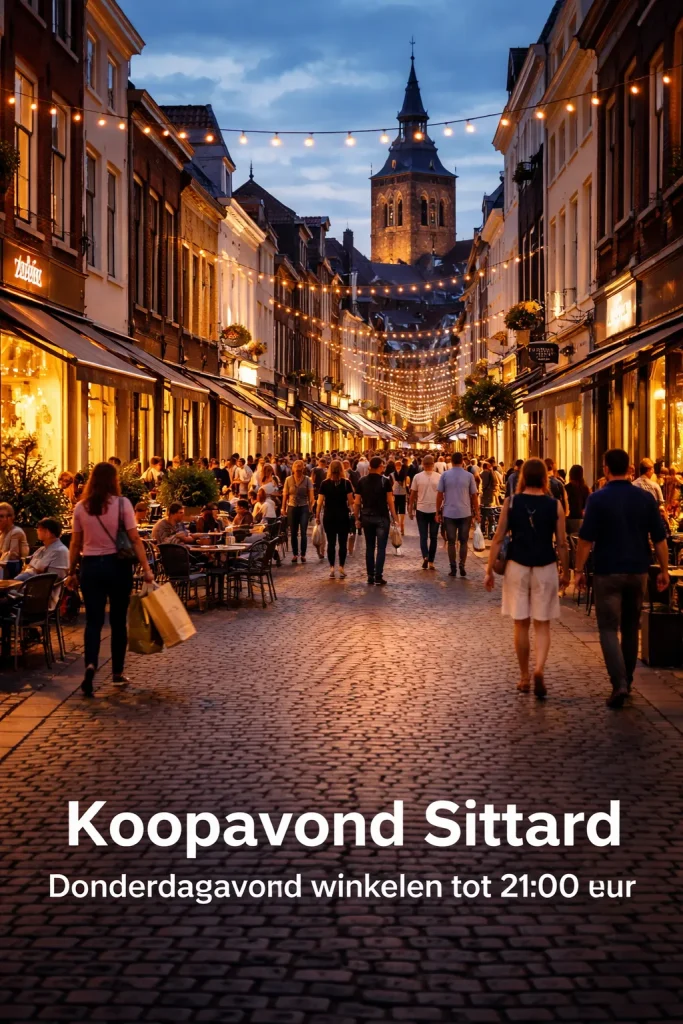 Sfeervolle avond in het centrum van Sittard met verlichte winkelstraat en winkelend publiek.