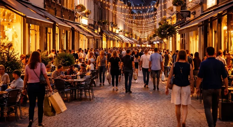Sfeervolle avond in het centrum van Sittard met verlichte winkelstraat en winkelend publiek.