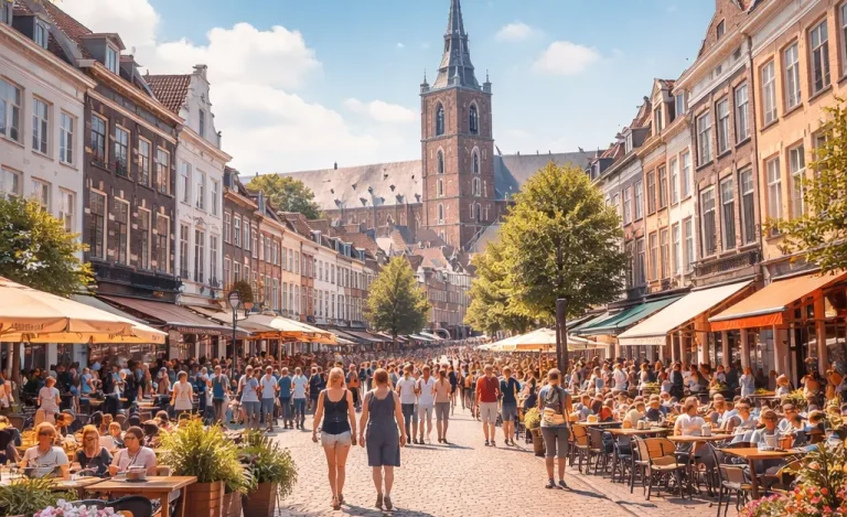 Drukke en gezellige zondagssfeer in het centrum van Sittard.