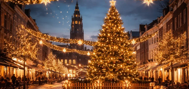 Realistische sfeervolle afbeelding van een winkelstraat in Sittard tijdens de feestdagen, met een warme en uitnodigende uitstraling.