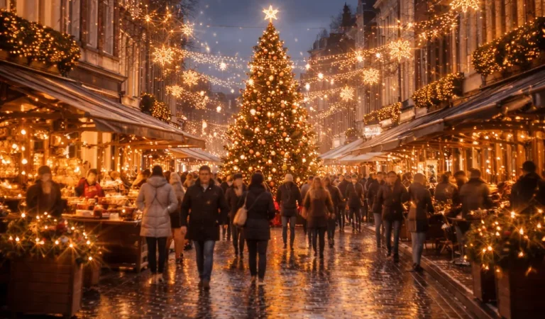 Een realistische winterse avondsfeer in het centrum van Sittard met warme kerstverlichting en gezellige drukte.